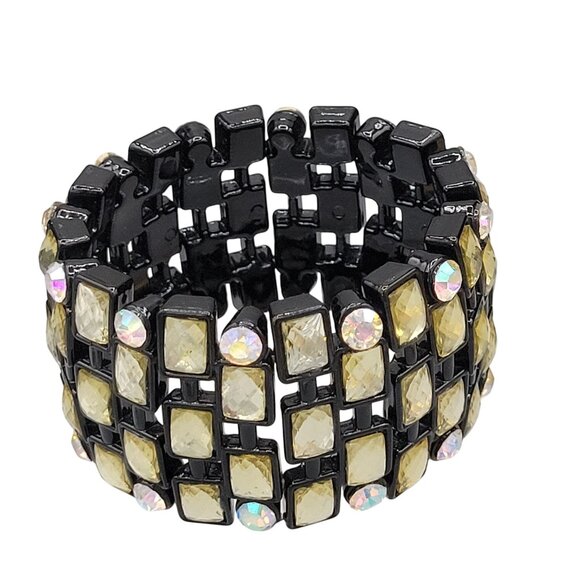Black Lucite Bangle Stretch Bracelet With Faceted Gold Beads Rhinestones 1.5" W - Picture 5 of 7